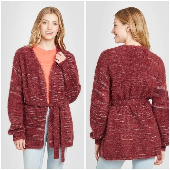 Knox Rose Fuzzy Eyelash Belted Relaxed Fit Cardigan Sweater Women's Size L Red - Picture 1 of 10